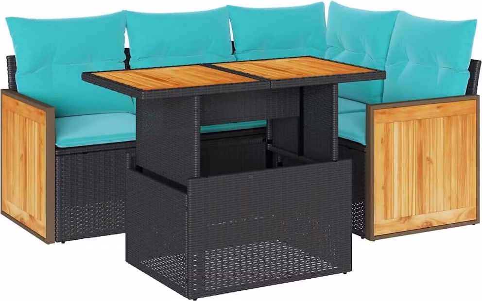 Set Divani da Giardino 5 pz con Cuscini Nero Polyrattan Acacia