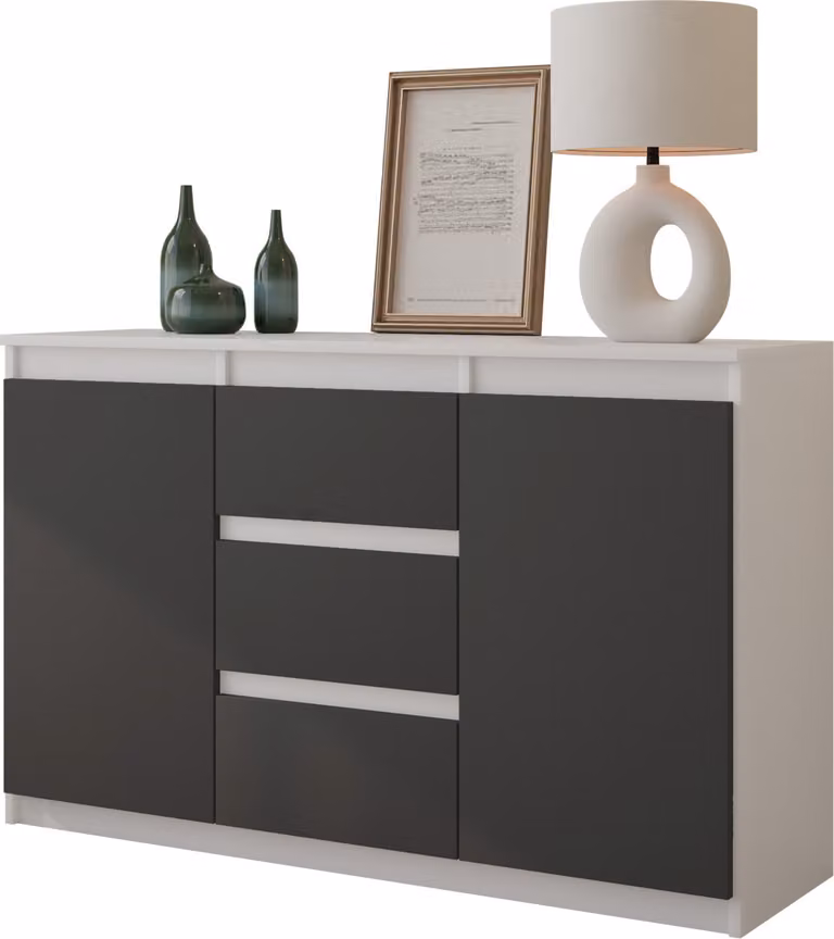 FURNICA - MIKEL - Cassettiera / credenza con 3 cassetti e 2 ante - Bianco opaco / Grigio antracite H75cm L120cm P35cm