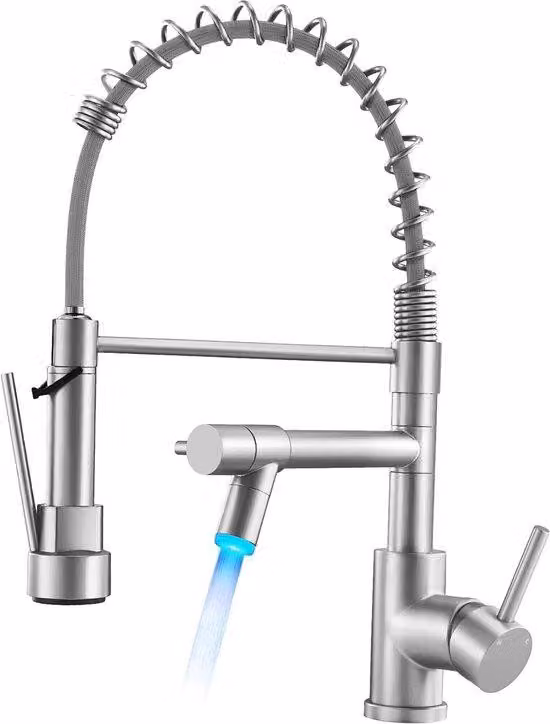 Rubinetto da cucina professionale a LED, rubinetto girevole a 360 gradi con due bocche, doccetta ad arco alto con molla, rubinetto da cucina per lavello, placcato nichel