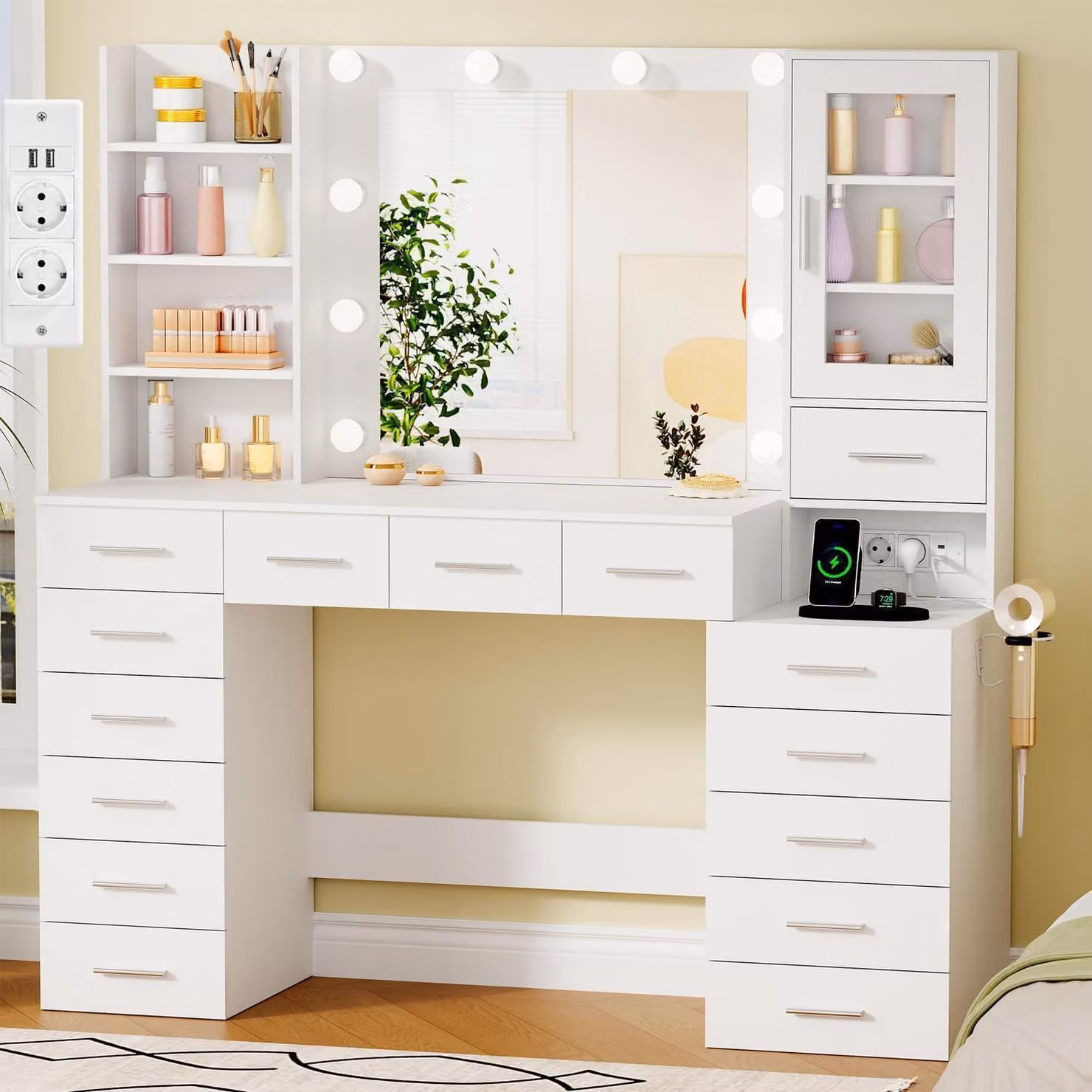 Comò da trucco con illuminazione a LED, specchio, prese di corrente, 15 cassetti, 7 ripiani aperti, colore bianco, dimensioni 135x40x140 cm