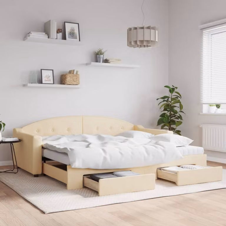 vidaXL Divano Letto Estraibile con Cassetti in Tessuto Beige L/P/H: 90 x 200 cm
