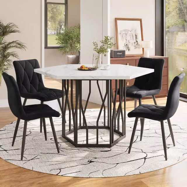 Set da pranzo moderno MINIMAL composto da tavolo esagonale effetto marmo e 4 sedie in velluto nero