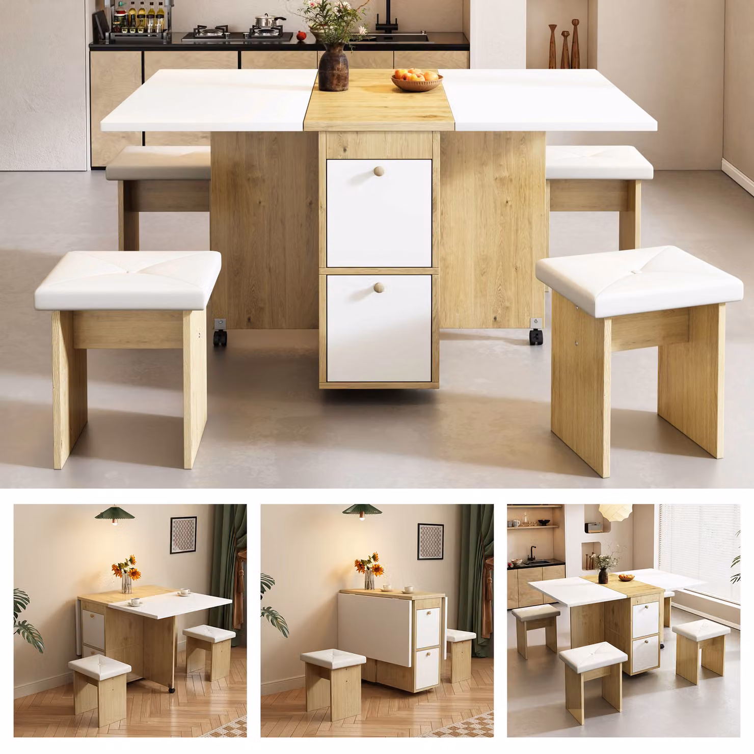 Set tavolo da pranzo, (con tavolo da pranzo, 4 sedie), tavolo da pranzo pieghevole, 120*80*75cm, tavolo da pranzo allungabile multifunzionale, sedie da pranzo, bianco, truciolato