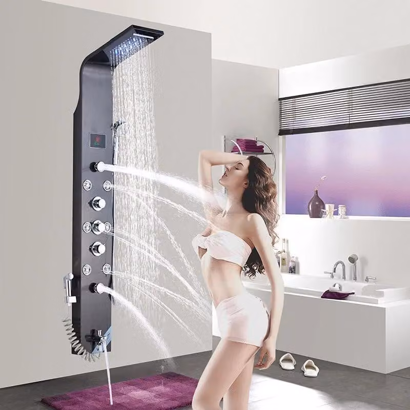 Pannello doccia - Modello 8009 - Acciaio inossidabile 304, spazzolato - LED alimentati ad acqua - Soffione da 20 cm - Miscelatore caldo/freddo - 3 maniglie - Bordeaux