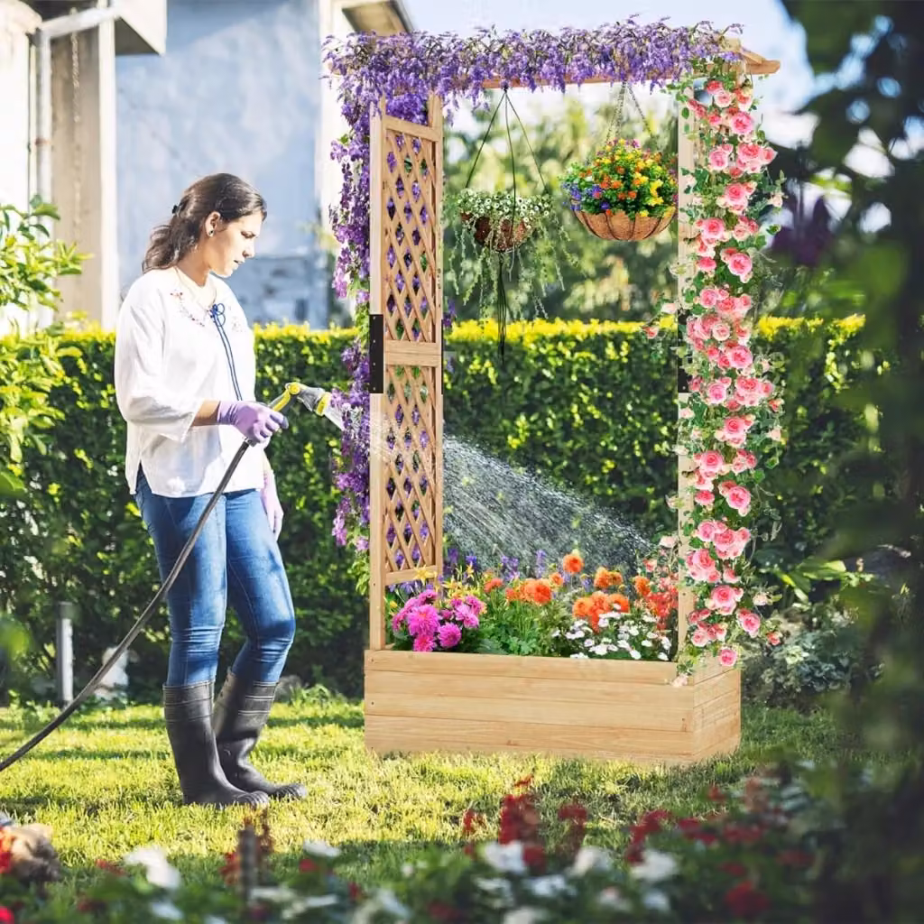 Fioriera rialzata da giardino con grigliato per piante rampicanti, aiuola verticale marrone, L: 110 cm, P: 44 cm, H: 182 cm – 2