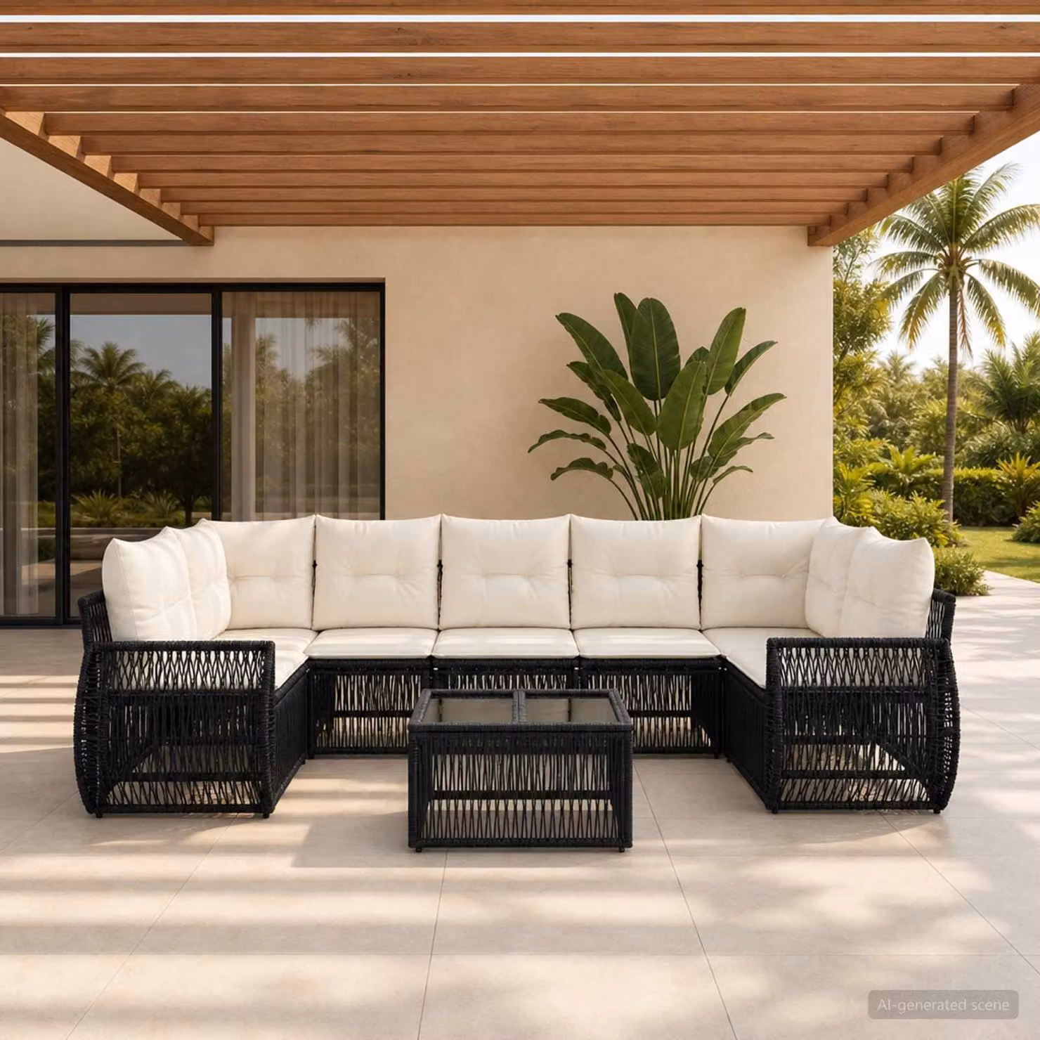 Set Divano da Giardino vidaXL 8 Pezzi a Forma di U in Polyrattan Nero con Tavolino e Cuscini Imbottiti