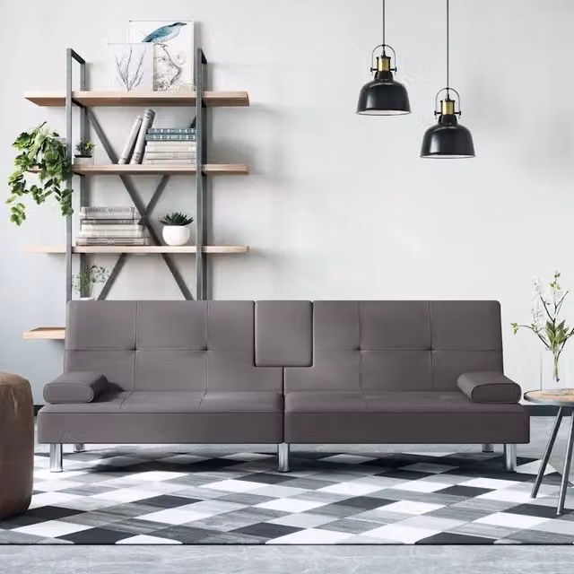 Divano Letto con Portabicchieri-Sofa Letto-Daybed in Similpelle Grigio