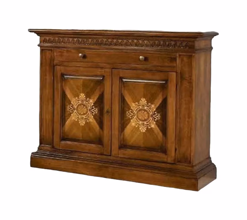 Madia credenza Bassano in legno di pino intarsiata con 2 porte di Mobili 2G, colore marrone, L: 151 cm, P: 54 cm, H: 122 cm – 2