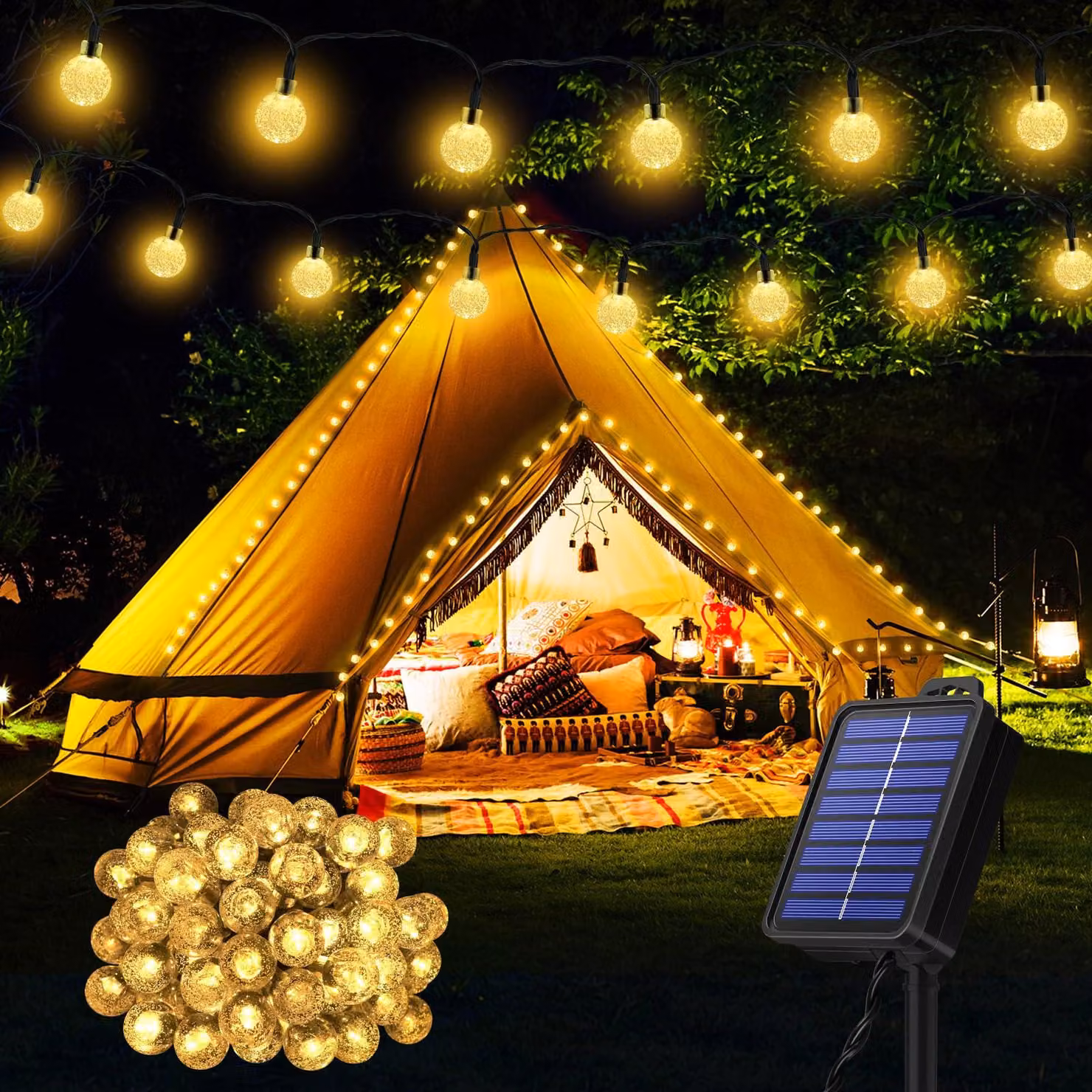 Catena luminosa solare con 60 LED, lunghezza 13,2 metri, grado di protezione IP65, 8 modalità, luce bianco caldo