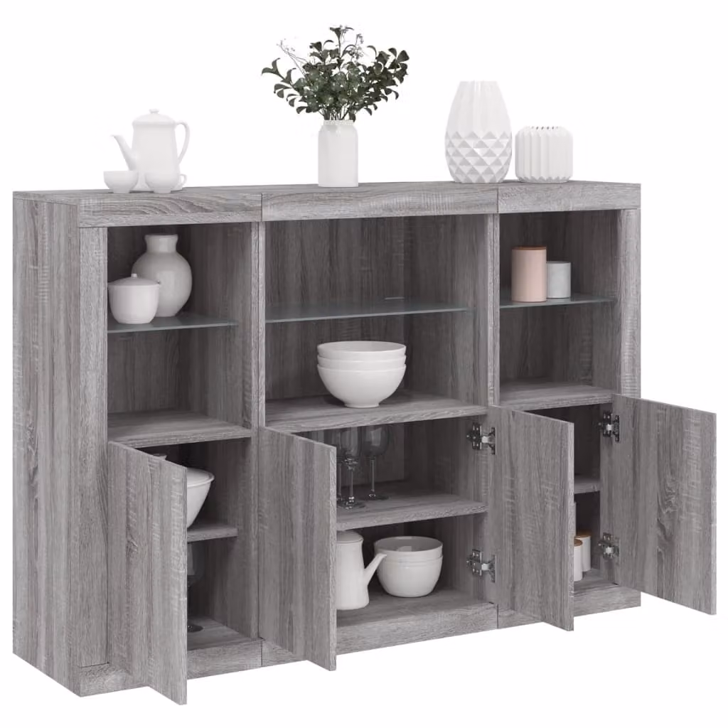 Set di 3 credenze moderne vidaXL con luci LED integrate in legno e MDF, colore grigio opaco
