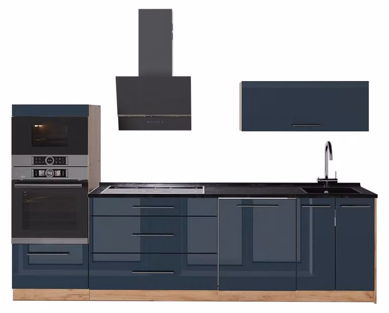 Cucina componibile Vicco Fame-Line Blu scuro lucido/Rovere dorato 280 cm senza piano di lavoro, Model 65761