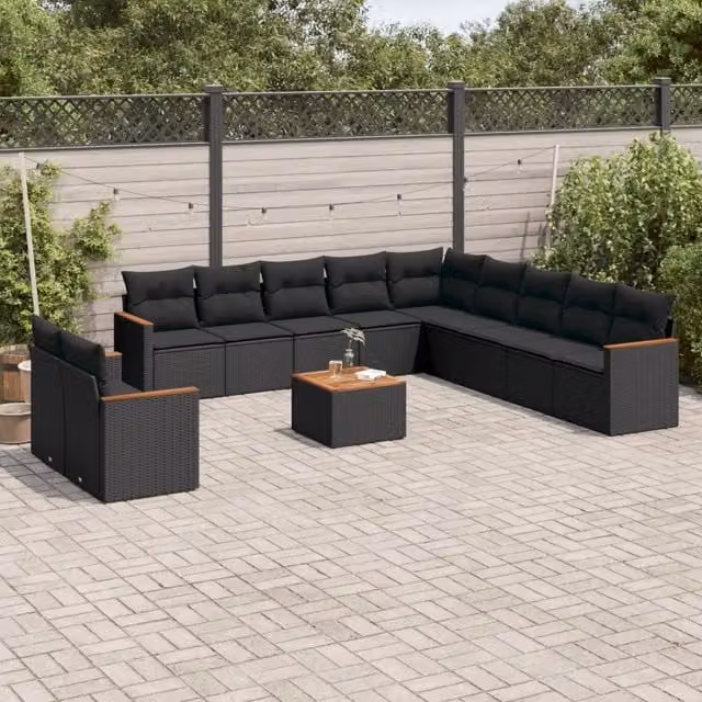 Set di Divani da Giardino vidaXL 12 Pezzi in Polyrattan Nero con Cuscini e Tavolino da Esterno