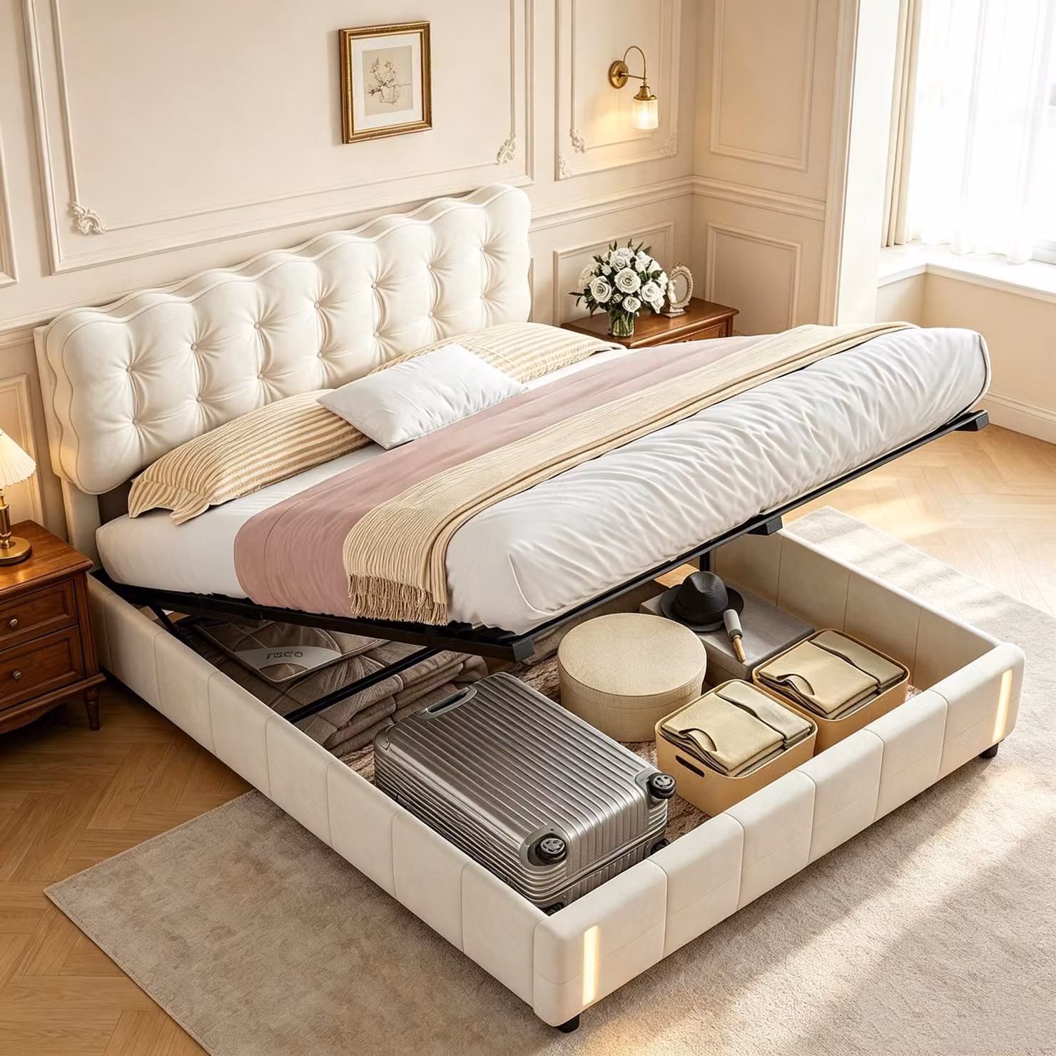Letto contenitore con boxspring, dimensioni 140x200 cm, con spazio contenitore e illuminazione a LED, imbottito, con rete a doghe, ideale per ragazzi, rivestito in velluto, colore beige