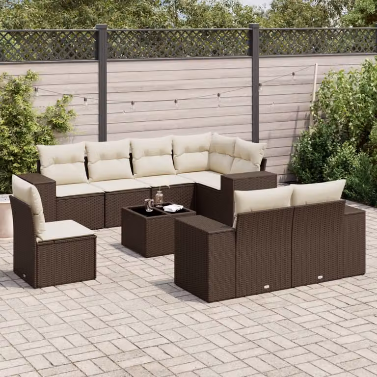 Set di divani da giardino vidaXL in polyrattan marrone con cuscini e tavolino da esterno