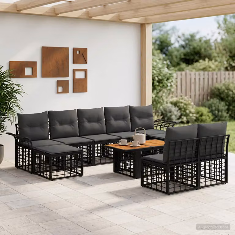 vidaXL Set Divano da Giardino 10 Pezzi in Polyrattan con Cuscini, Colore Nero e Grigio