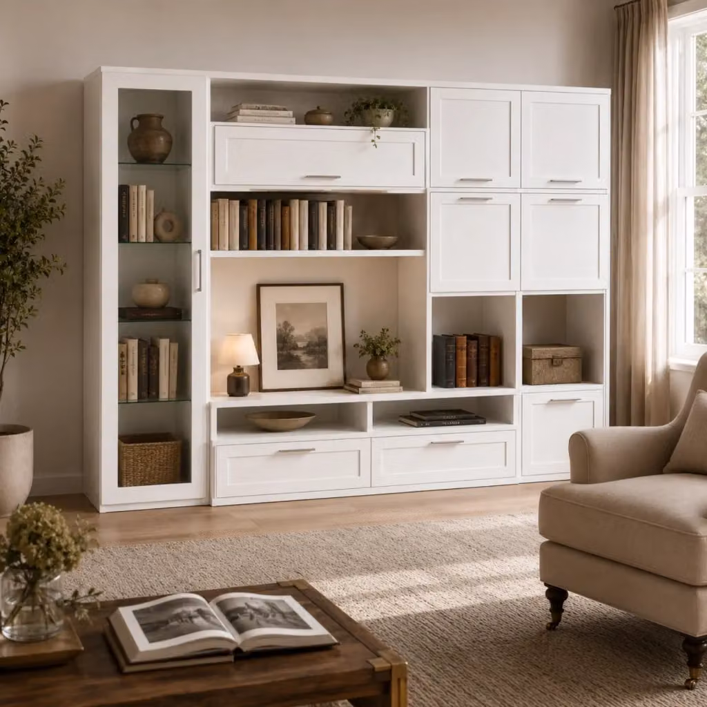 Parete Attrezzata Arreditaly per Soggiorno con Vetrina, 6 Ante Battenti e 3 Ribalte, Mobile Porta TV Moderno Bianco, L 300 x P 50 x H 215 cm – 2