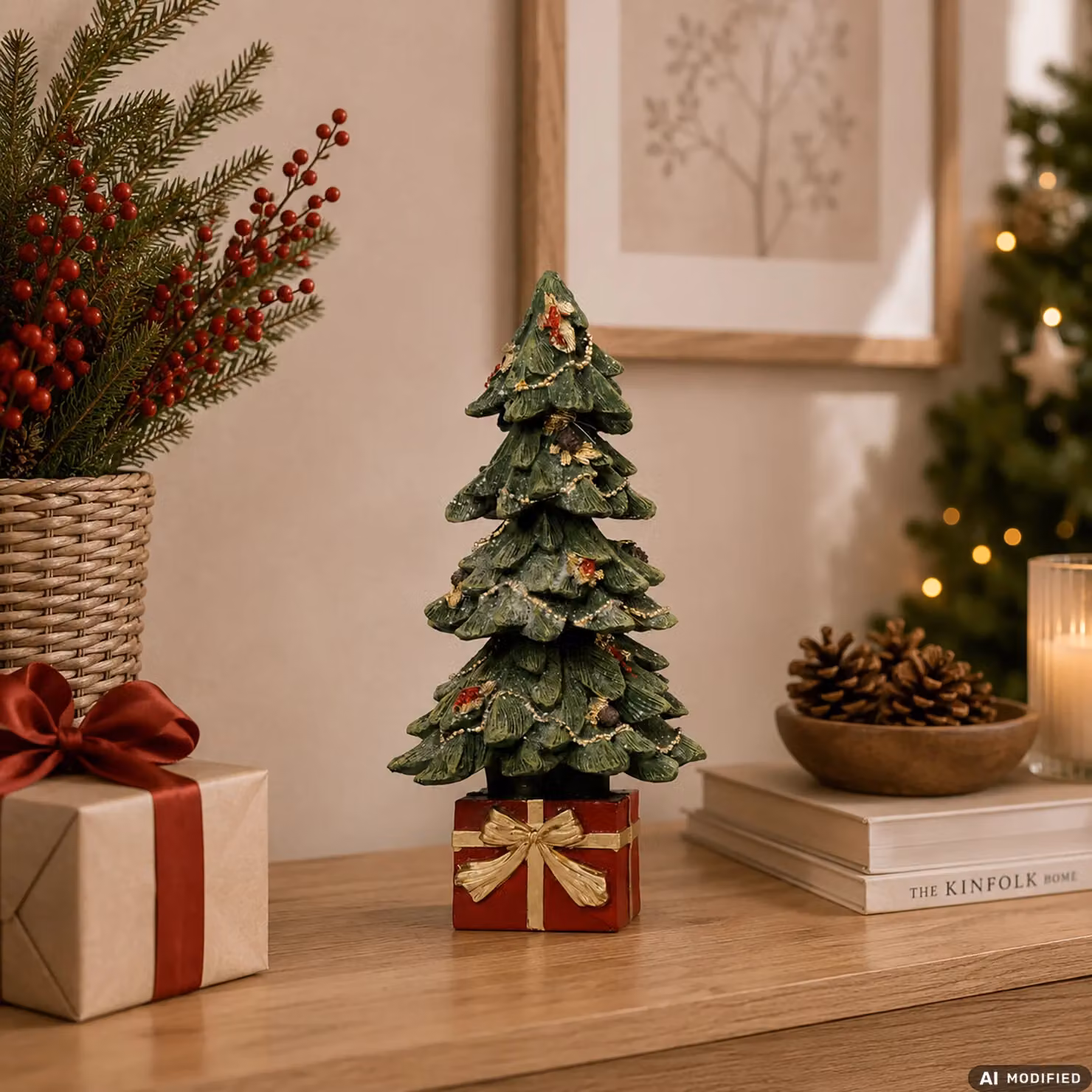 Albero Natalizio Decorativo da Tavolo VESTIAMO CASA in Poliresina, Colori Rosso, Oro e Verde, Altezza: 28 cm – 2