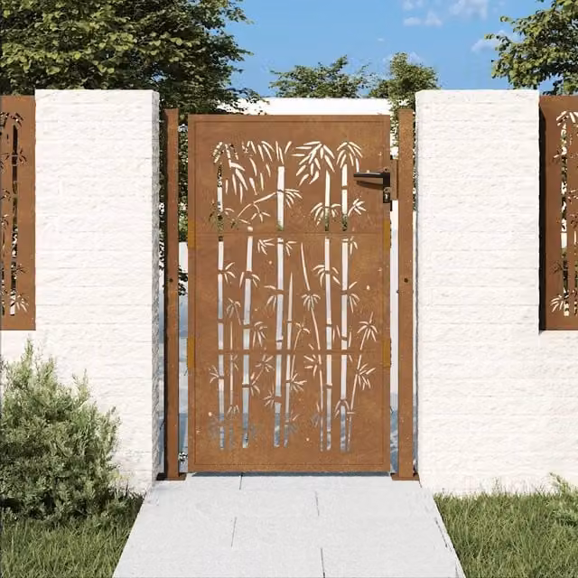 Cancello da giardino 100x125cm in acciaio Corten e design bambù 153186
