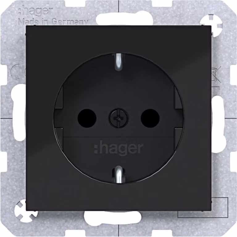 Prese SCHUKO Hager, serie A.x/C.x, 16A, 250V, con protezione antiscossa potenziata, finitura nera lucida, confezione da 1 pezzo.