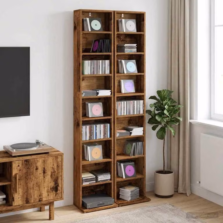 Set di 2 mobili porta CD vidaXL in legno color marrone antico con ripiani regolabili, L 33 cm x P 23,5 cm x H 175 cm