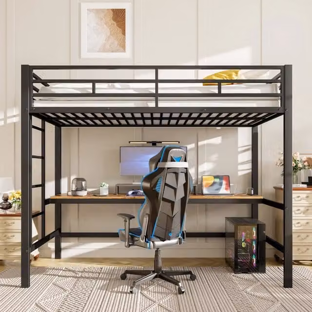 Letto a soppalco 90x200 con scrivania; scaletta; parapetto e LED; struttura in metallo e MDF nero per cameretta