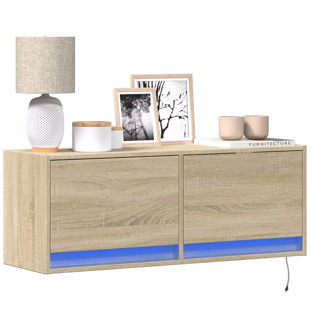 Mobile TV a parete con luci LED vidaXL in Rovere Sonoma, L: 100 cm, P: 31 cm, H: 35 cm