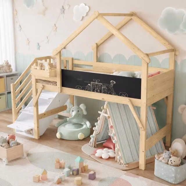Letto a Castello per Bambini 90x200 cm con Protezioni, Scala con 3 Contenitori, Tavola da Disegno, Design a Tetto, Legno di Pino e MDF Bianco e Naturale