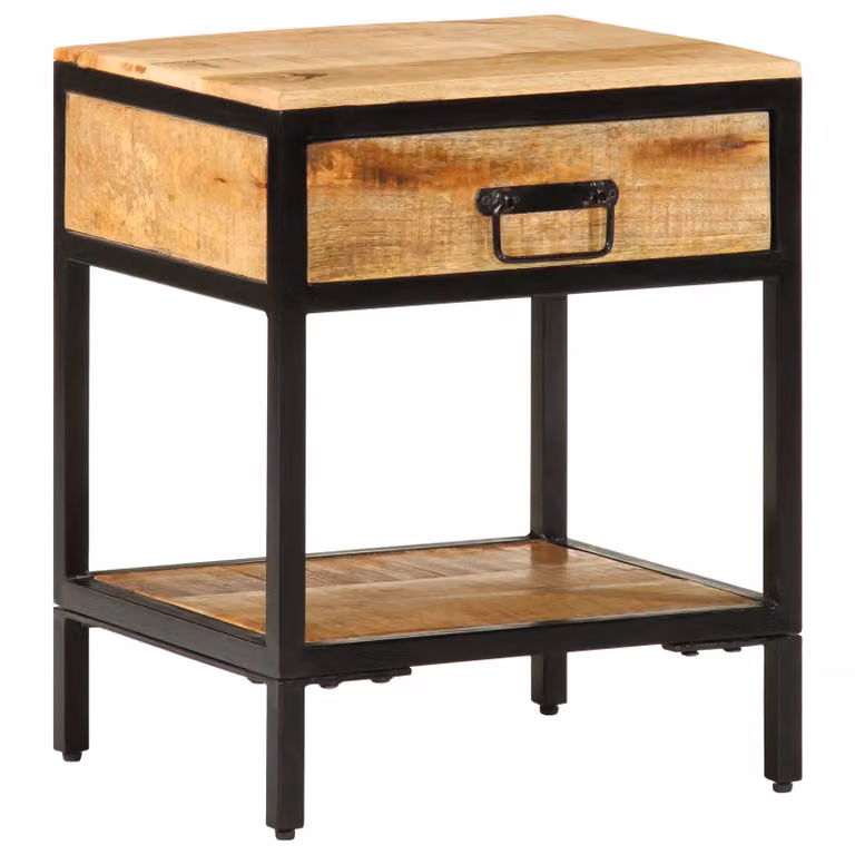 Comodino vidaXL in legno di mango e metallo stile rustico, Marrone e Nero, L 40 cm x P 35 cm x H 50 cm