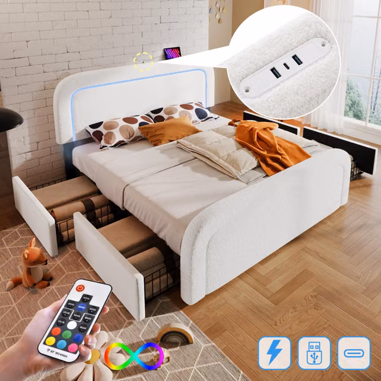 Letto imbottito 160x200, con porta USB-C, illuminazione LED, 4 cassetti, testiera regolabile in altezza, rete a doghe in legno, senza materasso. Colore: bianco