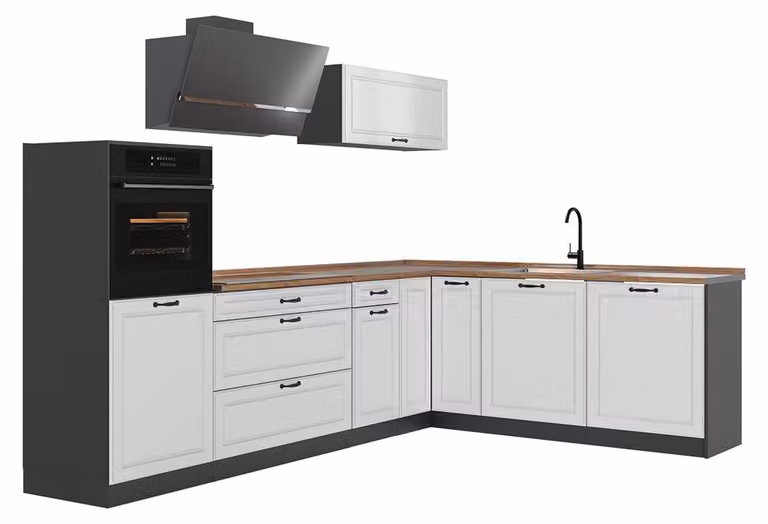Cucina angolare completa Vicco R-Line Bianco country/Antracite 287 x cm piano di lavoro Rovere dorato, Model 68203