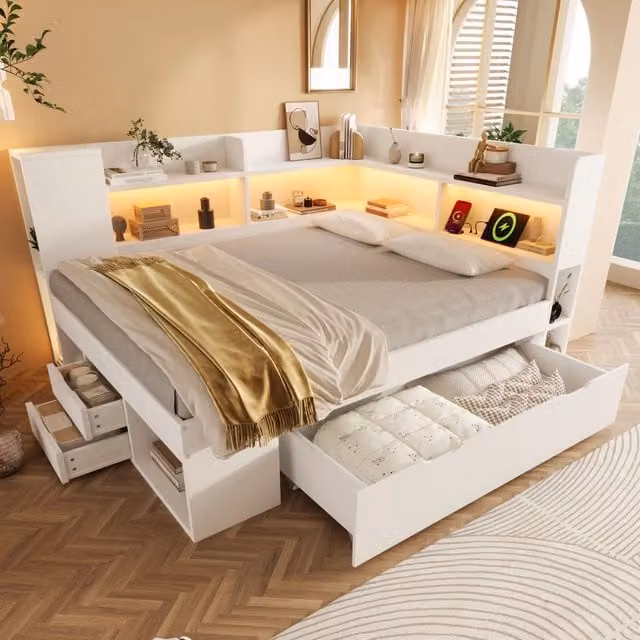 Letto a scomparsa 140x200 cm - Zephmum - Bianco - LED, USB-C, vani