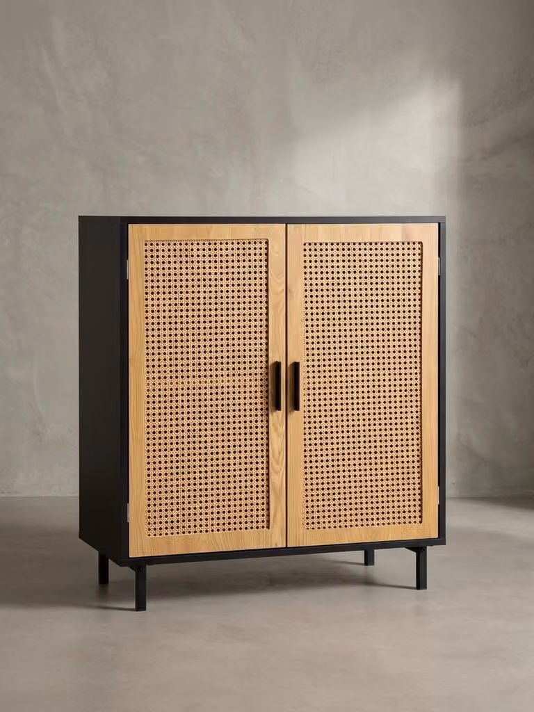 Credenza 80x86,5x40 cm Comò nero con intreccio viennese, Comò alto senza tempo, Armadio a 2 ante per soggiorno, Credenza in rattan