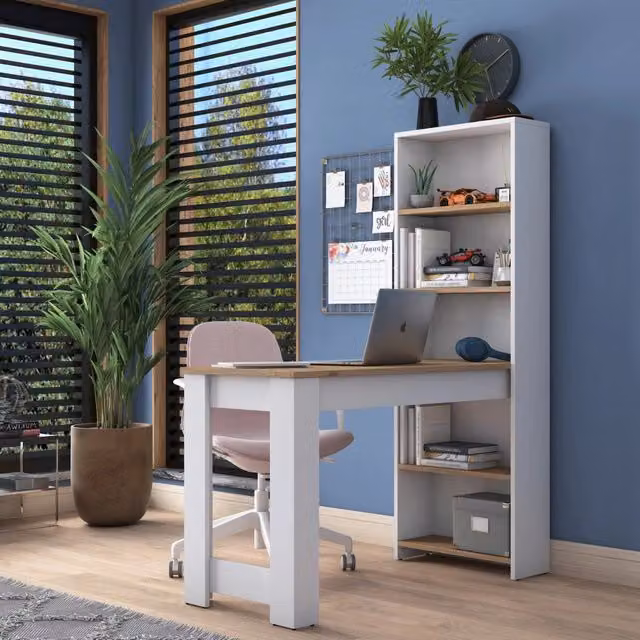 Scrivania DMORA Cervaro con 5 ripiani, colore marrone rovere e bianco, L 120 cm x P 54 cm x H 154 cm