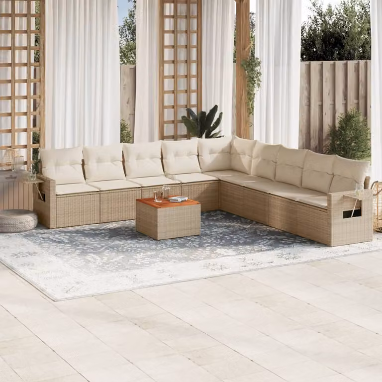 vidaXL Set Divano da Giardino 10 pz a Forma a L in Polyrattan con Cuscini Beige e Tavolino da Esterno