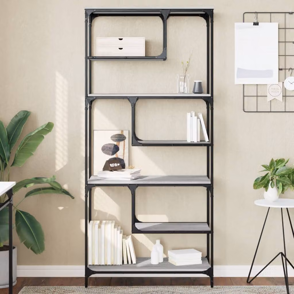 Libreria moderna vidaXL in legno e metallo, design geometrico, colore grigio, L 81 cm x P 36 cm x H 176 cm