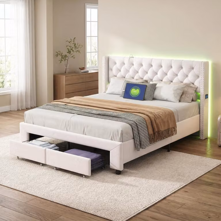 Letto matrimoniale INONEFT, 140 x 190 cm, con imbottitura, illuminazione a LED e decorazioni con borchie, letto per adulti con porta USB e 2 cassetti, in velluto, color beige, senza materasso
