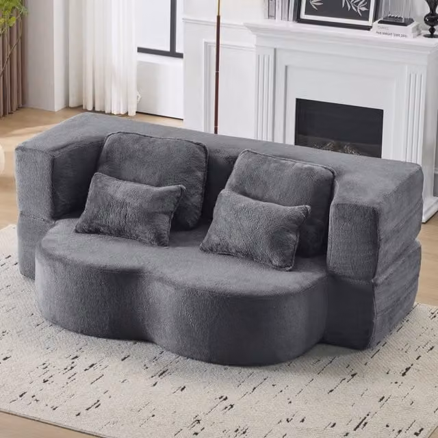 Divano futon pieghevole in schiuma ad alta densità con 4 cuscini in tessuto morbido blu e grigio 36.0 × 36.0 × 143.0 cm