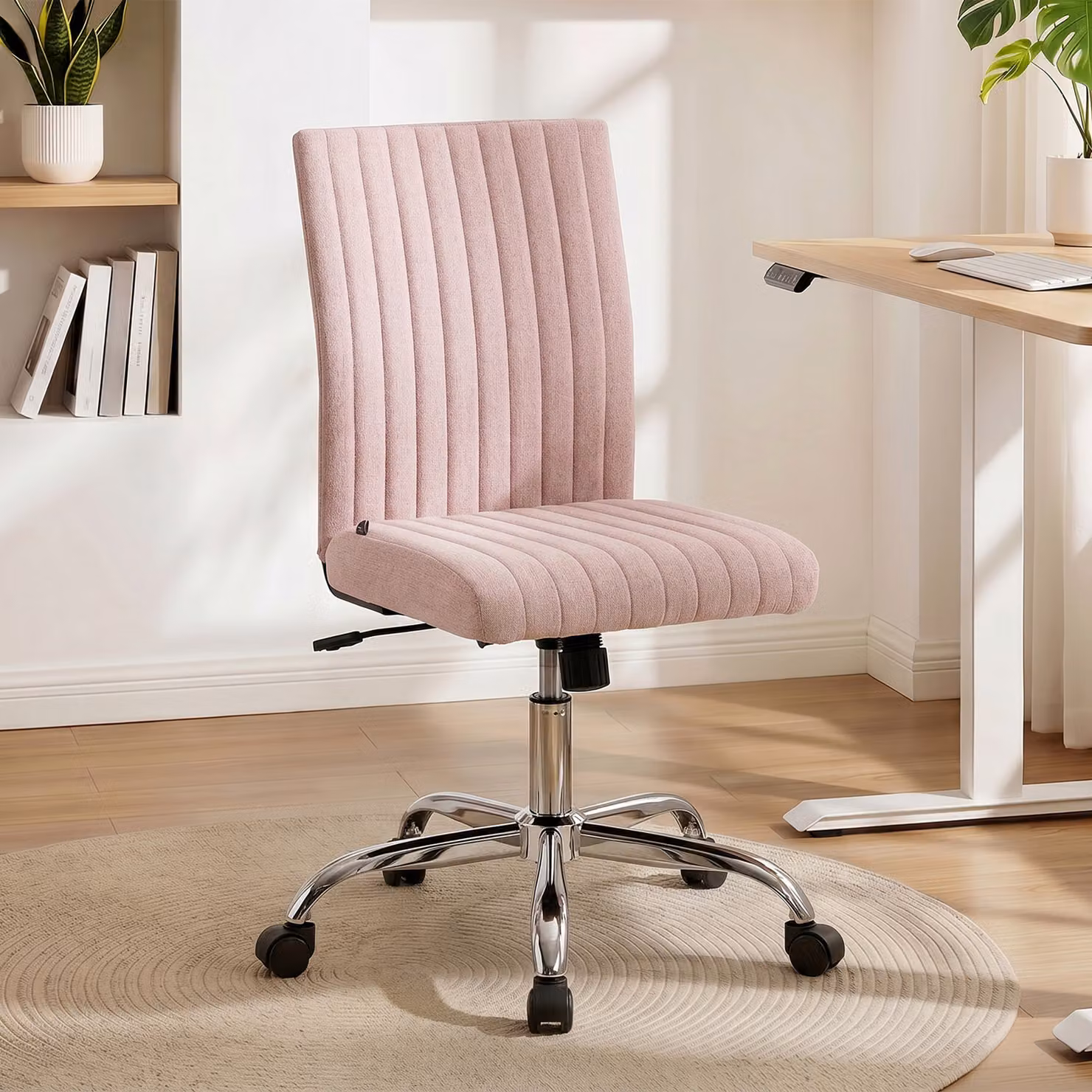 Sedia da ufficio HOMCOM senza braccioli, poltrona girevole a 360° con altezza regolabile, rosa, L: 43 cm, P: 56 cm, H: 89-99 cm – 2