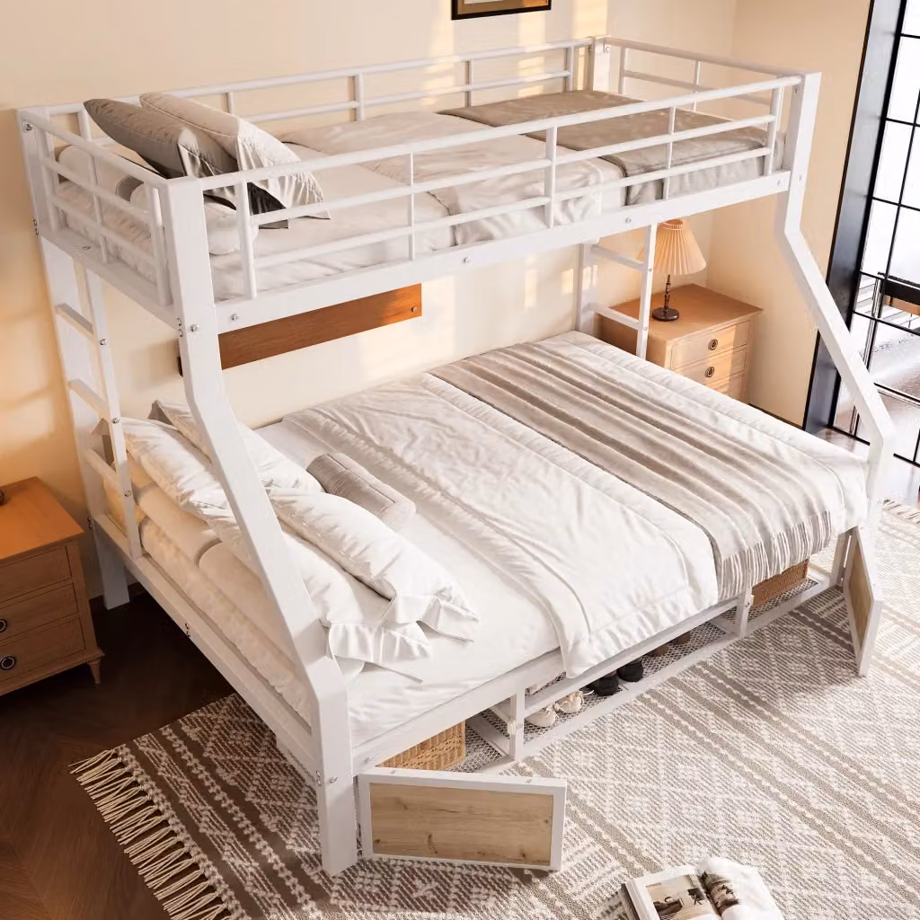 Letto a castello Mivray moderno in metallo e MDF bianco con vani portaoggetti e scarpiera L/P/H: 204 x 140 x 159,5 cm – 2