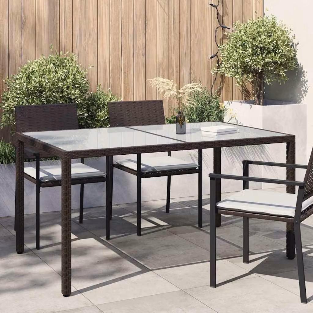 vidaXL Tavolo da giardino rettangolare in polyrattan e vetro temperato, Marrone, L: 150 cm, P: 90 cm, H: 75 cm