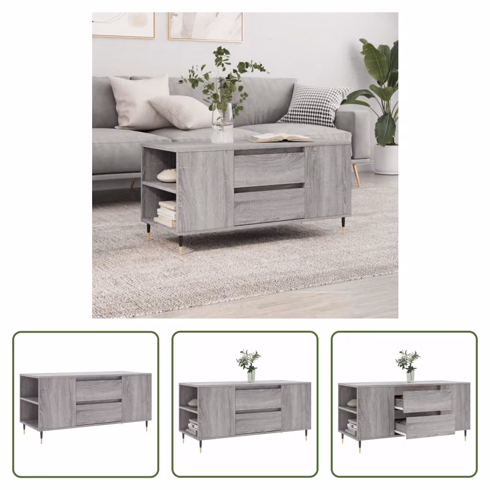 The Living Store Tavolino Grey Sonoma 102x44,5x50 cm Materiale a base di legno