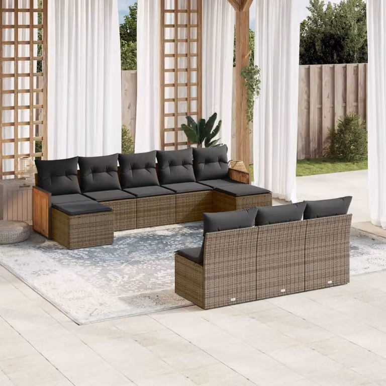 vidaXL Set Divano da Giardino 10 pz in Polyrattan Grigio con Cuscini