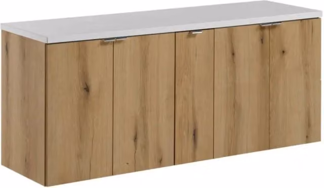 Set bagno sospeso VANO effetto rovere e bianco 140cm: mobili sotto lavabo con ante + piano per lavabo
