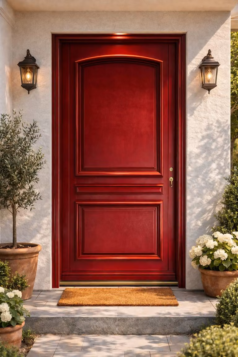 Porta d'ingresso in legno pieno con carena rossa porpora, H.215xL.90 cm, lato tavolo P. sinistra, maniglia, cilindro grande, ferramenta