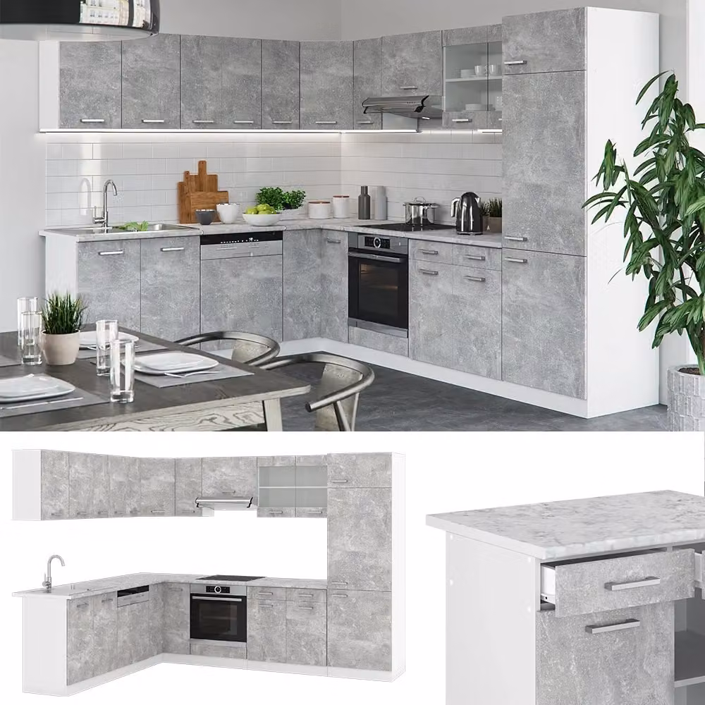 Cucina angolare moderna R-Line Vicco in bianco e grigio calcestruzzo con piano in marmo e ante in vetro con illuminazione integrata L 287 cm x P 227 cm – 2