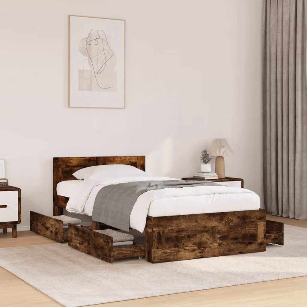 Giroletto vidaXL con testiera in legno multistrato Rovere Fumo, L/P/H: 200 x 90 x 93 cm
