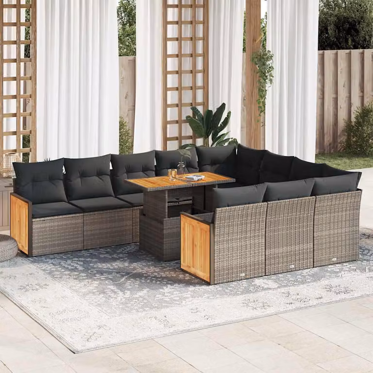 Set di divani da giardino vidaXL in polyrattan e legno di acacia con cuscini, 11 pezzi, grigio