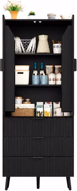 Credenza alta nera per cucina 75 x 35 x 180 cm; mobile dispensa con 2 ante e 3 cassetti in MDF
