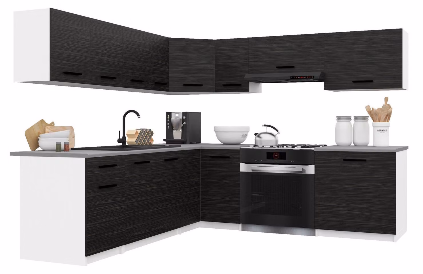 Belini - Angolo cottura moderno ITALIA 7 - Mobili da cucina 420 cm in ebano - Cucina componibile con pensili, mobili base e piani di lavoro
