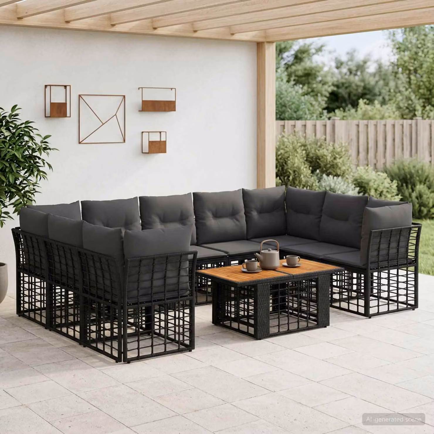 Set Divano da Giardino vidaXL a forma a U composto da 10 pezzi con Tavolino, Colore Nero e Grigio